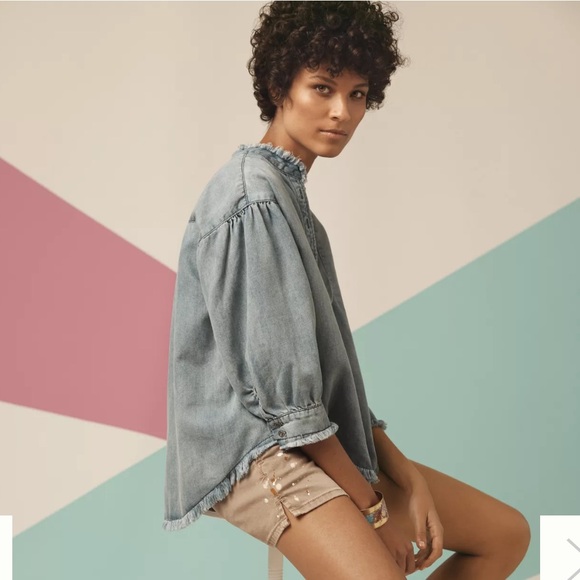 Anthropologie Frayed Chambray Henley Small - Picture 2 of 8